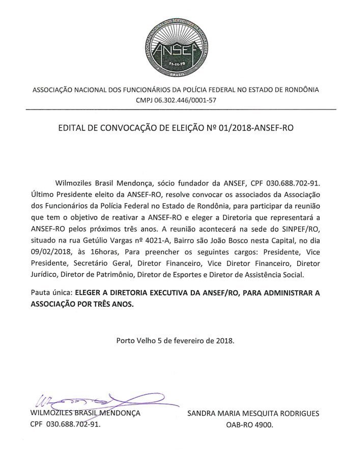 Edital de convocação de eleição ANSEF-RO